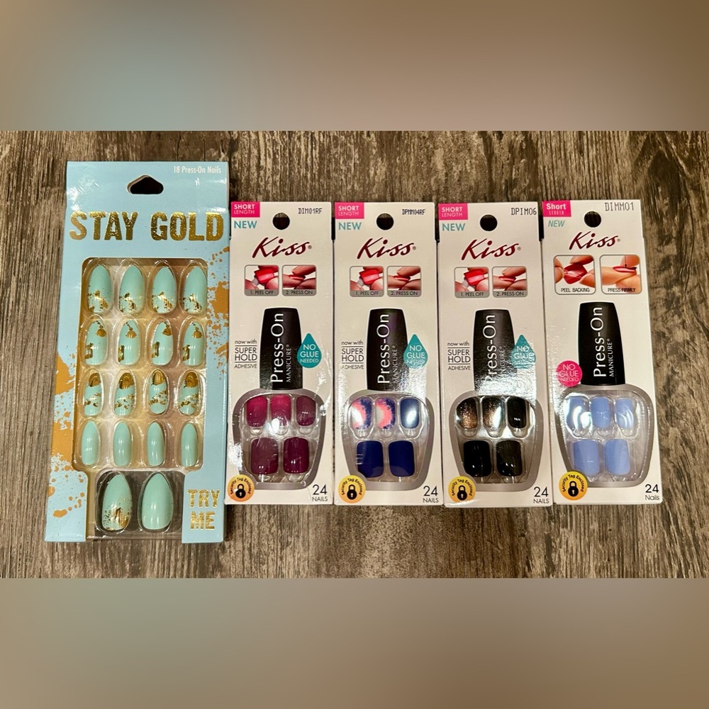 NEW KISS Press-On Manicure (4 Packs) & Stay Gold Press-Ons - Short Nail Length